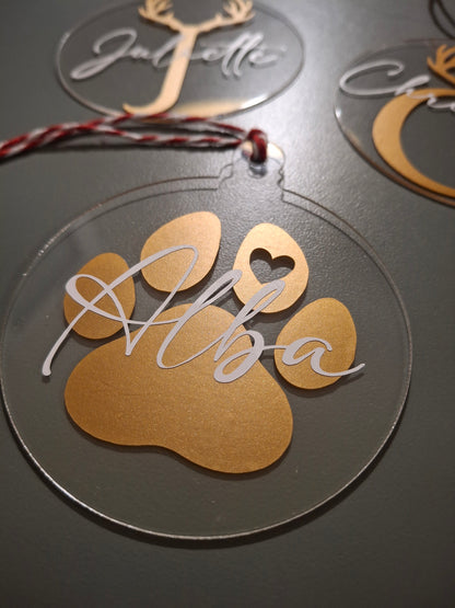 Boule de Noël plexi personnalisée – patte de chien avec prénom