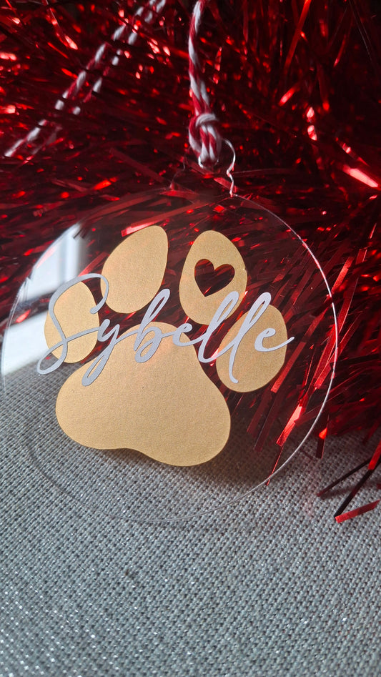 Boule de Noël plexi personnalisée – patte de chien avec prénom
